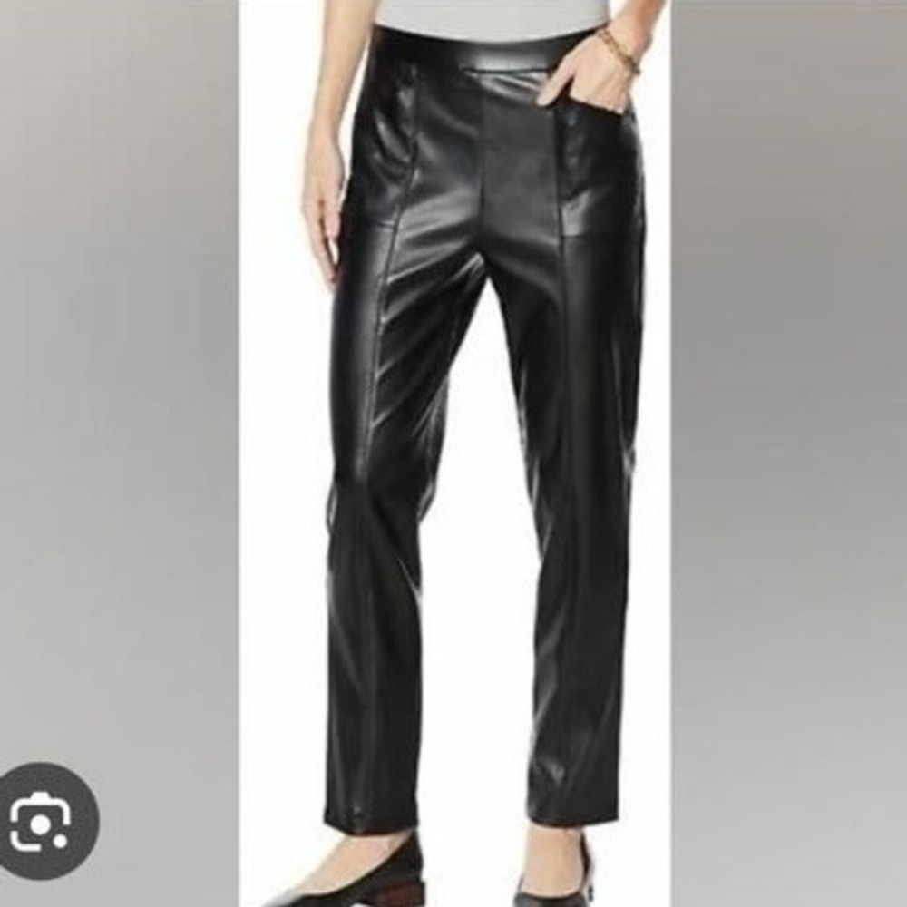 H Halston Black Faux‎ Leather Seamed Straight Leg Pull-On Pants - Size S
